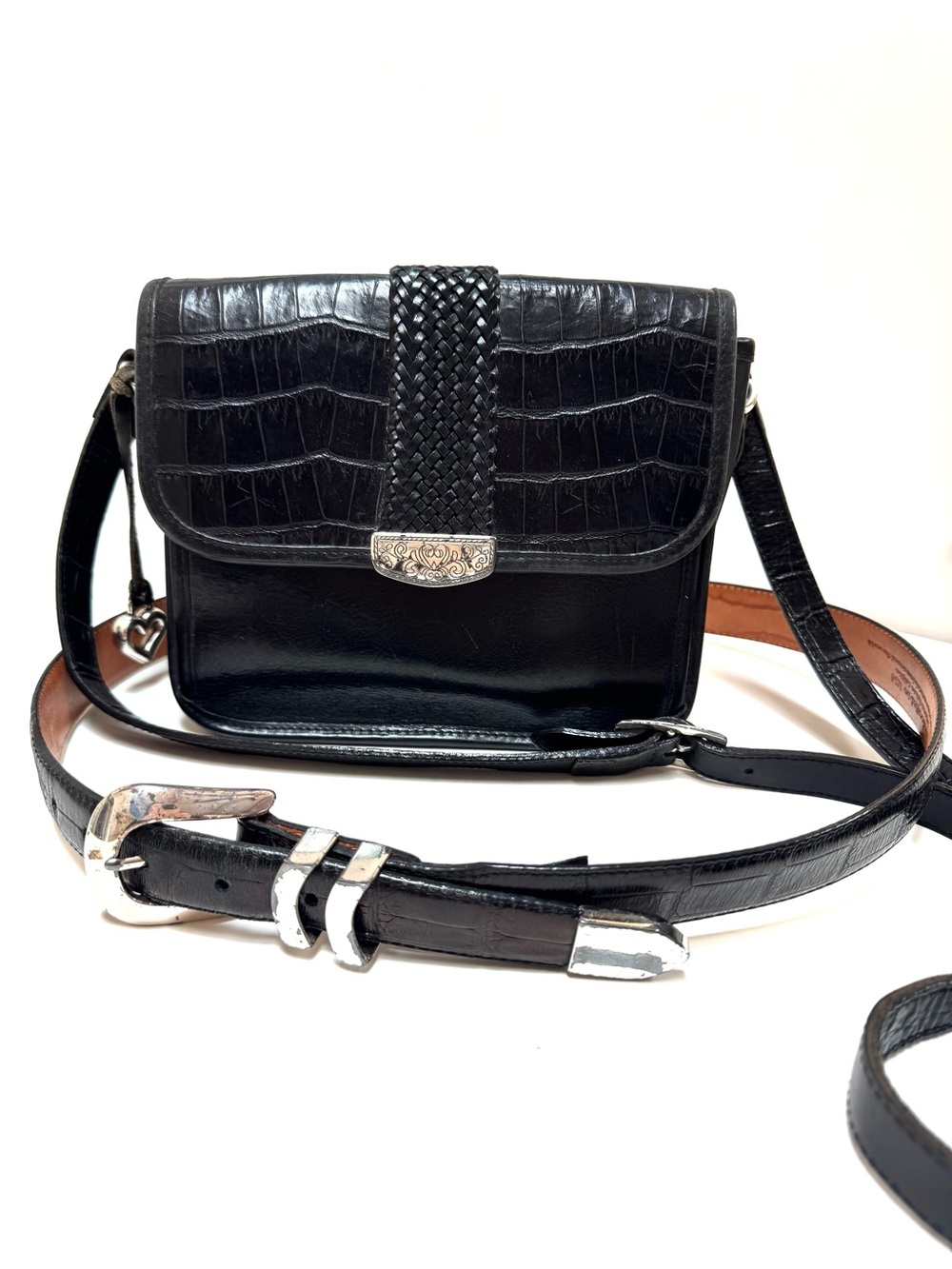 Brighton Lot of 2 Onyx Leather Belt and Crossbody Organizer Bag Croc Embossed